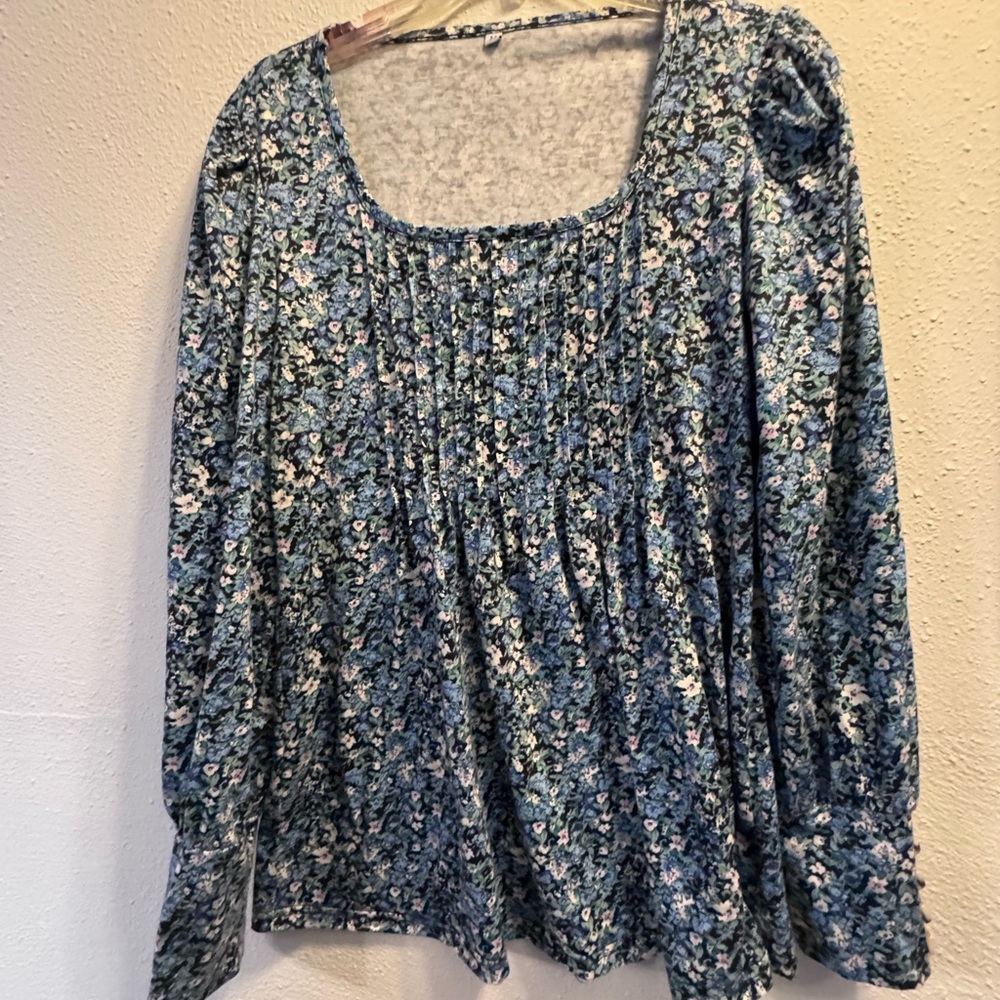 Floral Blue Long-Sleeve Peasant Top